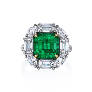 18K Yellow Gold / Platinum Emerald Diamond Ring