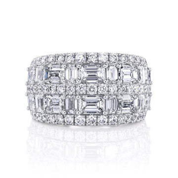 18K White Gold 5-Row Band with Alternating Emeralds, 4.35ct G-H, VS