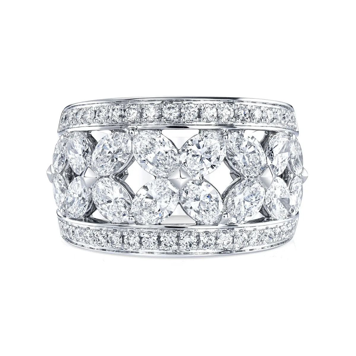 18K White Gold Oval Floral Band with Pave Accents, 2.6ct G-H, VS