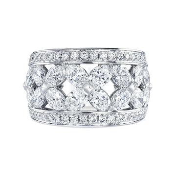 18K White Gold Oval Floral Band with Pave Accents, 2.6ct G-H, VS