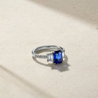 Nouveau Three Stone Emerald Cut Sapphire and Diamond Ring thumbnail