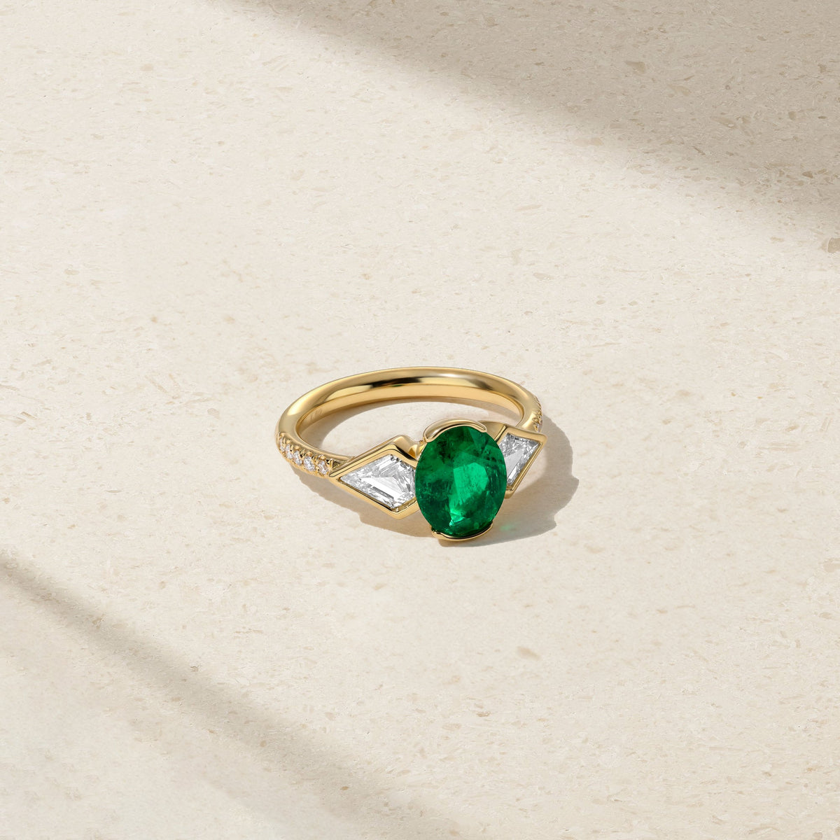 Silky Three Stone Colombian Emerald and Diamond Ring