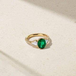 Silky Three Stone Colombian Emerald and Diamond Ring thumbnail
