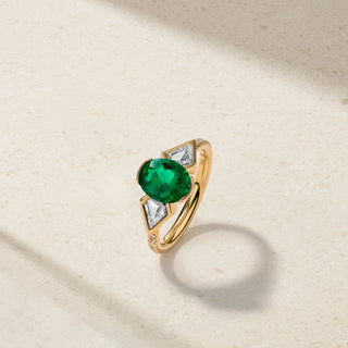 Silky Three Stone Colombian Emerald and Diamond Ring thumbnail