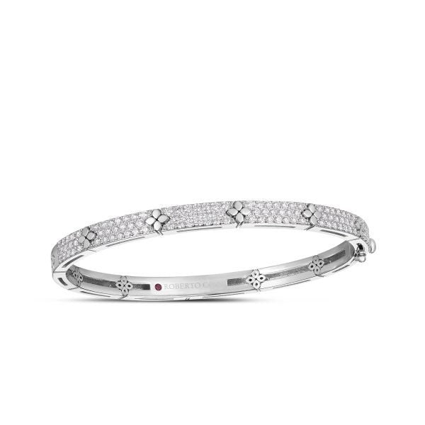 18K White Gold Love In Verona Pave Diamond & Polished Flower Narrow Bangle