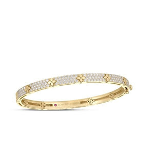 18K Yellow Gold Love In Verona Pave Diamond & Polished Flower Narrow Bangle