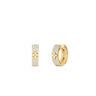 18K Yellow Gold Love In Verona Pave Diamond & Polished Flower Narrow Hoop Earrings thumbnail