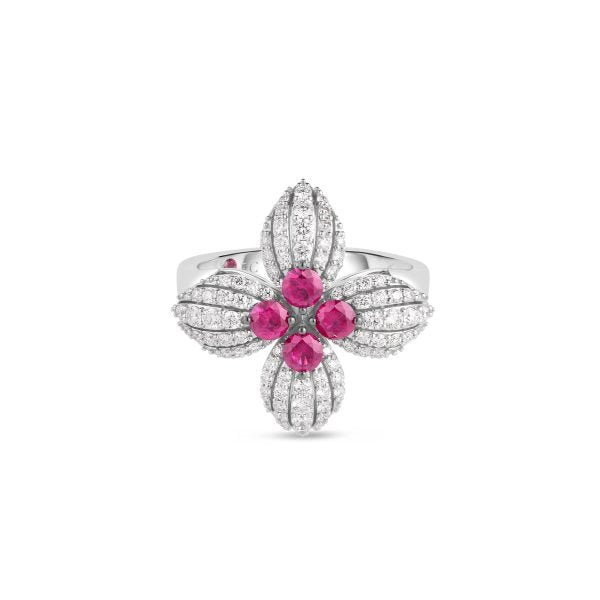 18K White Gold Love In Verona Diamond And Ruby Flower Ring