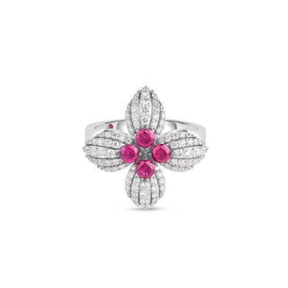 18K White Gold Love In Verona Diamond And Ruby Flower Ring thumbnail