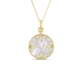 18K Yellow Gold Medallion Charms Diamond And Mother Of Pearl Necklace thumbnail