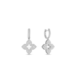 18K White Gold Venetian Princess Medium Pave Flower Dangle Earrings