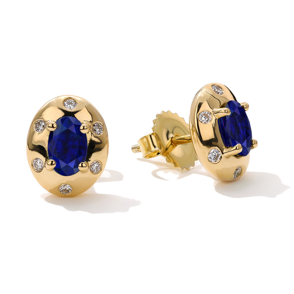 18K Yellow Gold Blue Sapphire & Diamond Stud Earrings