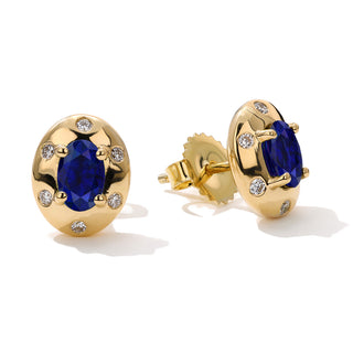 18K Yellow Gold Blue Sapphire & Diamond Stud Earrings thumbnail