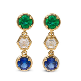 Blue Sapphire, Emerald and Diamond Triple Drop Earrings thumbnail