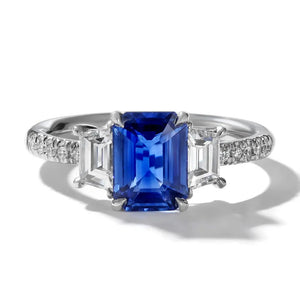 Nouveau Three Stone Emerald Cut Sapphire and Diamond Ring