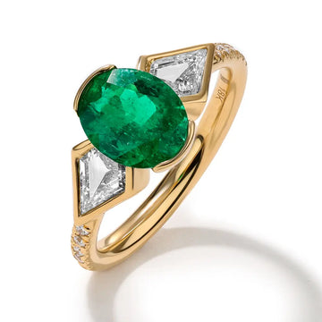 Silky Three Stone Colombian Emerald and Diamond Ring