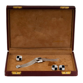 Omega 18K White Gold, Onyx & Diamond Watch, Ring, and Cufflink Set thumbnail
