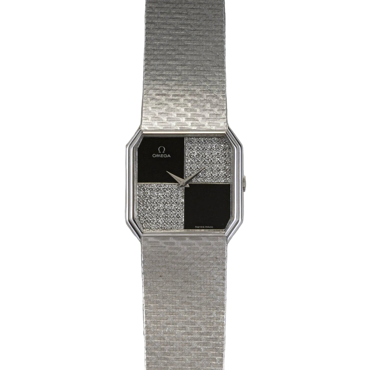 Omega 18K White Gold, Onyx & Diamond Watch, Ring, and Cufflink Set