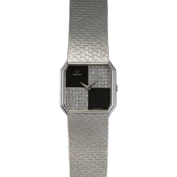Omega 18K White Gold, Onyx & Diamond Watch, Ring, and Cufflink Set