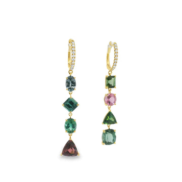 18K Yellow Gold Asymmetric Earrings with Tourmaline and Diamonds