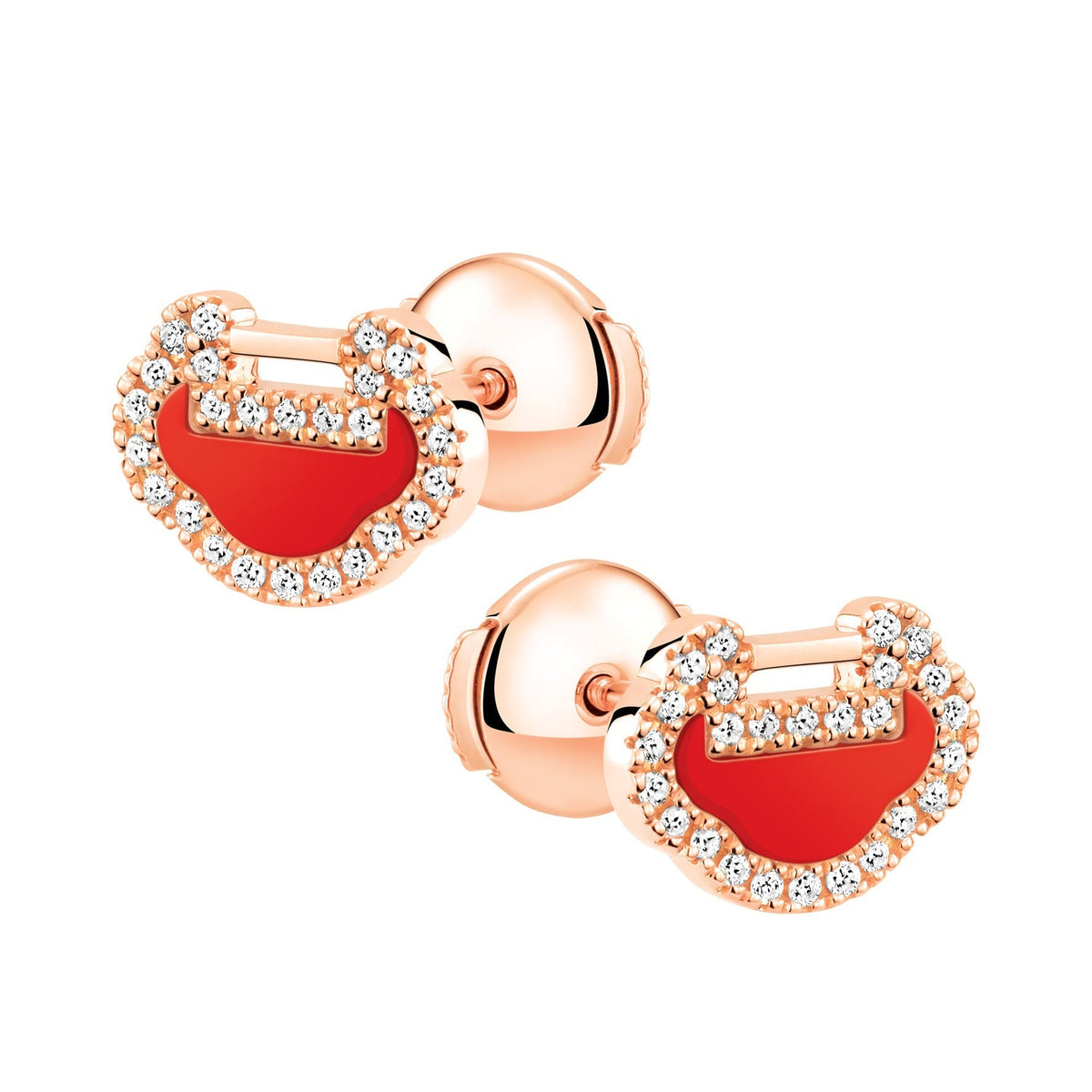Petite Yu Yi ear studs in 18K rose gold with diamonds and red agate