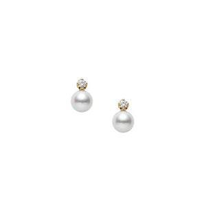 Classic Akoya Cultured Pearl Earrings with Diamond in 18K Yellow Gold