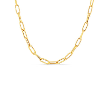 18K Designer Gold Alternating Polished And Fluted Paperclip Link 17 Inch Chain