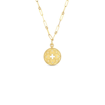 18K Venetian Princess Satin Medallion With Flower Cutout & Diamond Accent On Chain