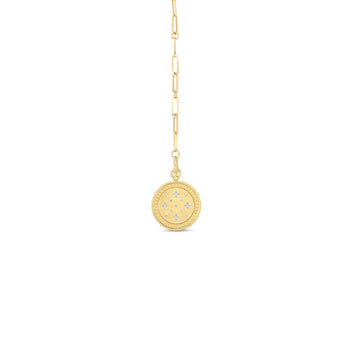 18K Venetian Princess Satin Medallion W. Diamond Accent & Coin Edge Detail On Link Chain