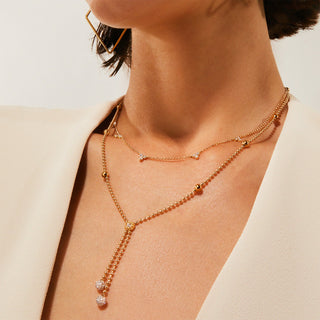 18K Yellow/White Designer Gold Alternating Bead With Double Diamond Drop Necklace thumbnail