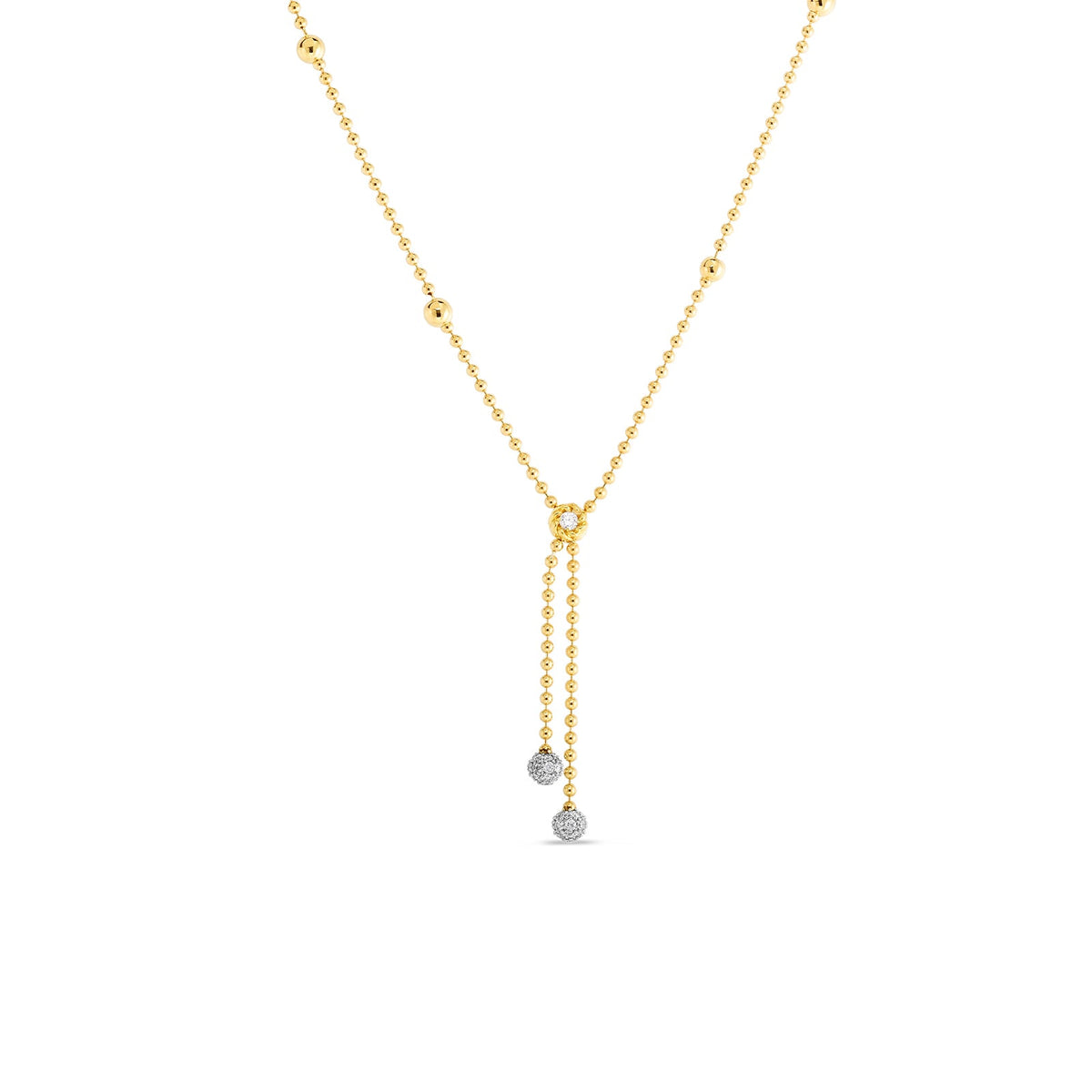 18K Yellow/White Designer Gold Alternating Bead With Double Diamond Drop Necklace