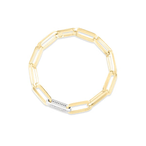 18K Yellow/White Designer Gold And Diamond Rectangular Paperclip Link Bracelet