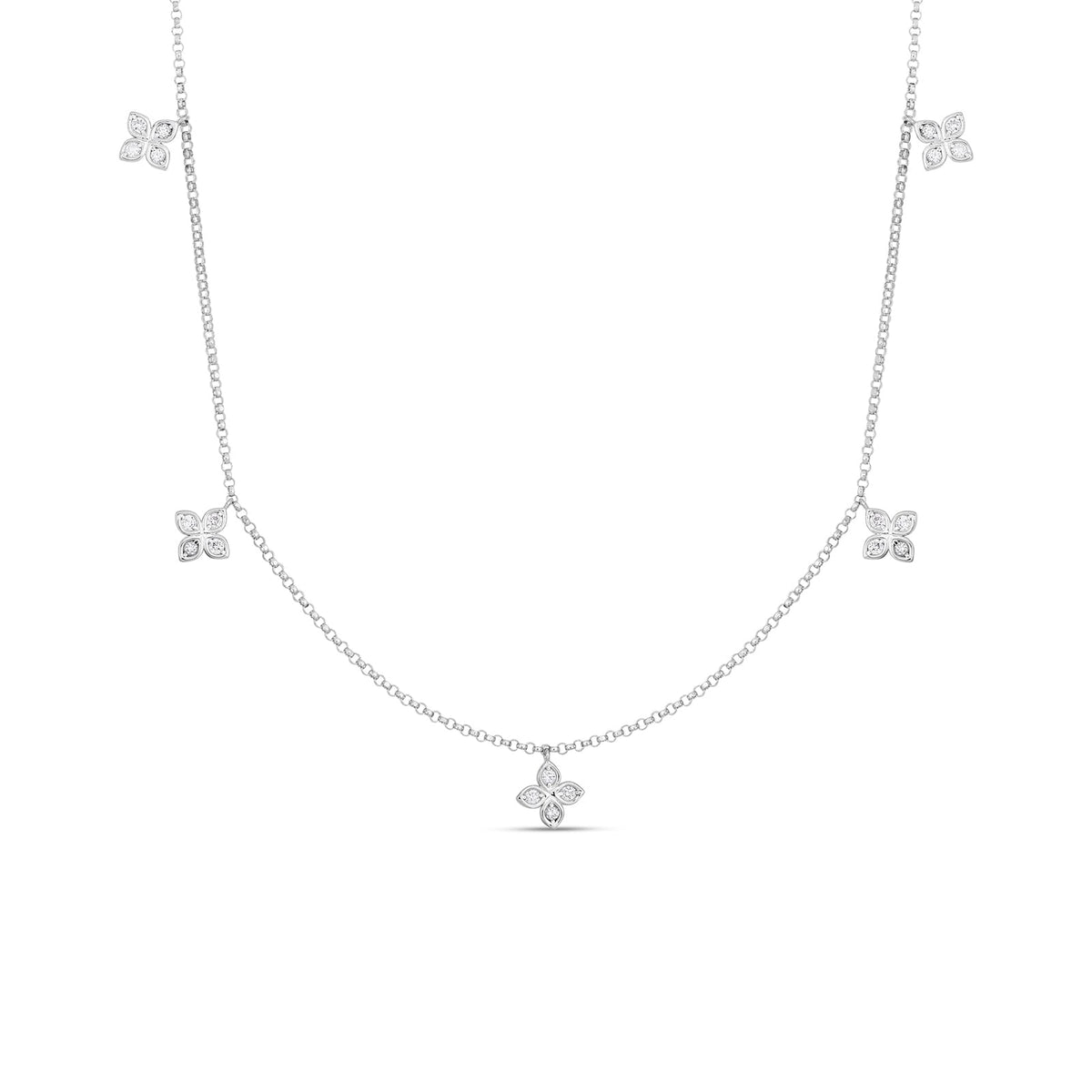 18K White Gold Love By The Inch Dangling 5 Station Flower Necklace