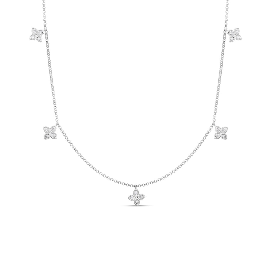 18K White Gold Love By The Inch Dangling 5 Station Flower Necklace