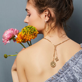 18K Y VENETIAN PRINCESS DOUBLE MEDALLION- LG ROUND 25 MM; SMALL FLOWER 20 MM- CHAIN 15″ WITH 2″ & 3″ DROP thumbnail