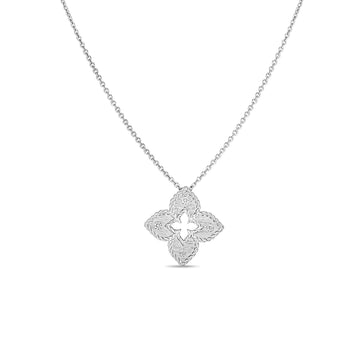 18K White Gold Petite Venetian Princess Extra Small Satin & Diamond Accent Flower Necklace