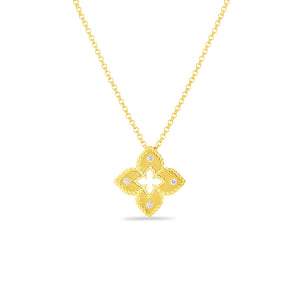18K Yellow Gold Petite Venetian Princess Extra Small Satin & Diamond Accent Flower Necklace