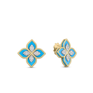 18K Yellow/White Gold Venetian Princess Diamond & Turquoise Flower Earrings