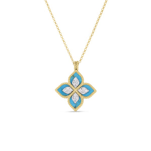18K Yellow/White Gold Venetian Princess Diamond & Turquoise Flower Necklace