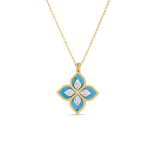 18K Yellow/White Gold Venetian Princess Diamond & Turquoise Flower Necklace thumbnail