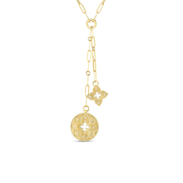 18K Y VENETIAN PRINCESS DOUBLE MEDALLION- LG ROUND 25 MM; SMALL FLOWER 20 MM- CHAIN 15″ WITH 2″ & 3″ DROP