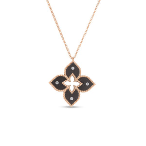 18K ROSE GOLD VENETIAN PRINCESS SMALL GRAY TITANIUM AND DIAMOND FLOWER NECKLACE