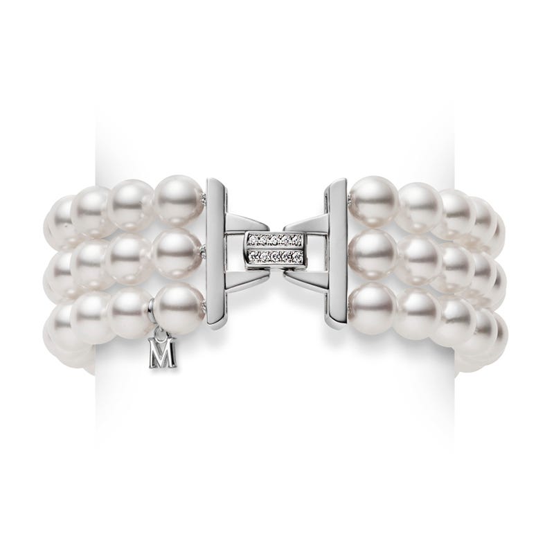 Akoya Cultured Pearl Three Row Bracelet in 18K White Gold with Diamonds