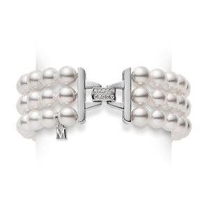 Akoya Cultured Pearl Three Row Bracelet in 18K White Gold with Diamonds