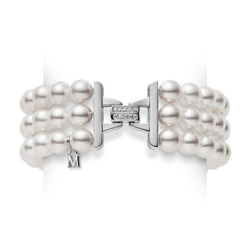 Akoya Cultured Pearl Three Row Bracelet in 18K White Gold with Diamonds