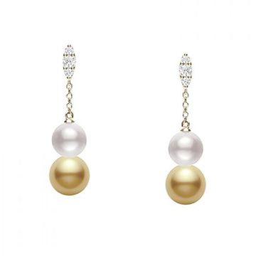 Morning Dew Akoya and Golden South Sea Cultured Pearl Earrings with Diamonds – 18K Yellow Gold Mikimoto