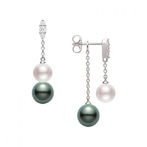 Morning Dew Akoya and Black South Sea Cultured Pearl Earrings with Diamonds 18K White Gold