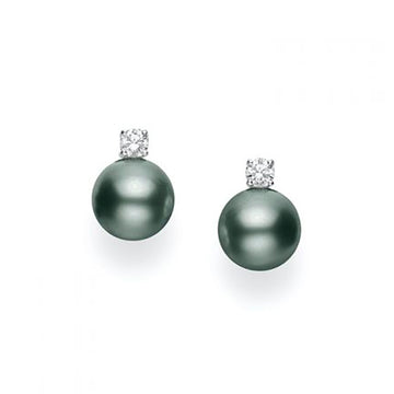 Black South Sea Cultured Pearl Stud Earrings with Diamonds Mikimoto