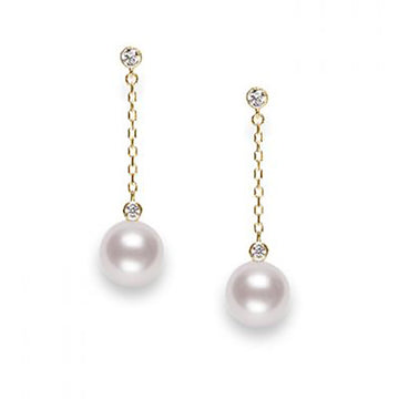 Akoya Cultured Pearl and Diamond Drop Earrings - Yellow Gold Mikimoto