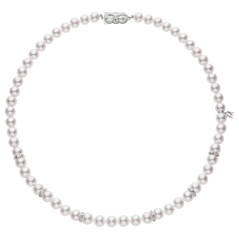 Akoya Cultured Pearl Necklace with Six Diamond Rondells in 18K White Gold
